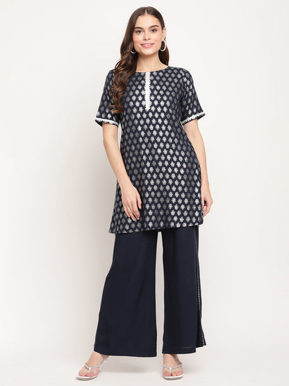 Women's Blue Rayon Foil Print Top With Palazzo Set
