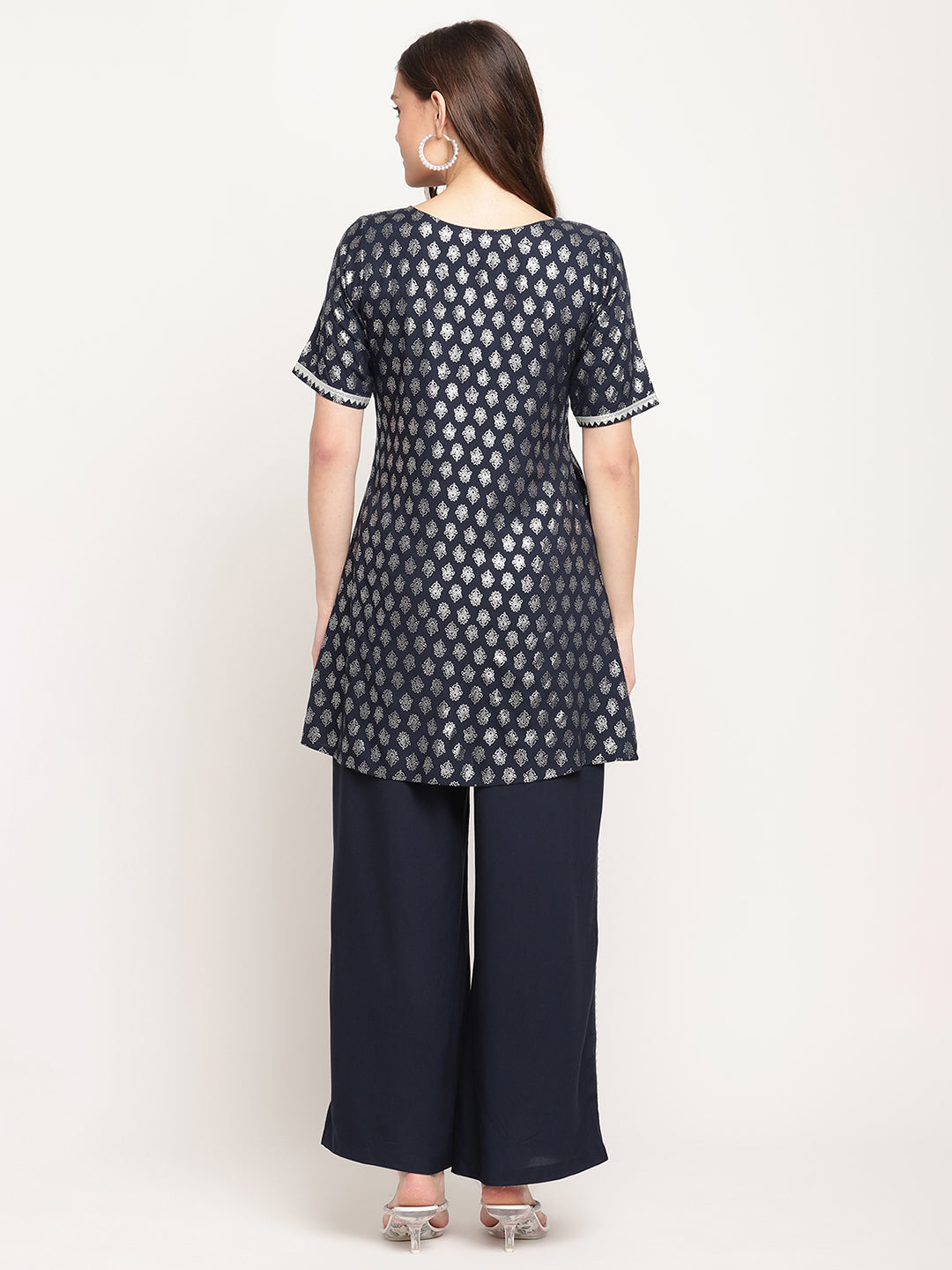Women's Blue Rayon Foil Print Top With Palazzo Set