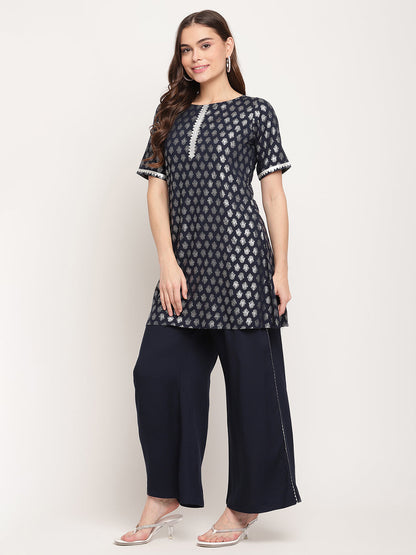 Women's Blue Rayon Foil Print Top With Palazzo Set
