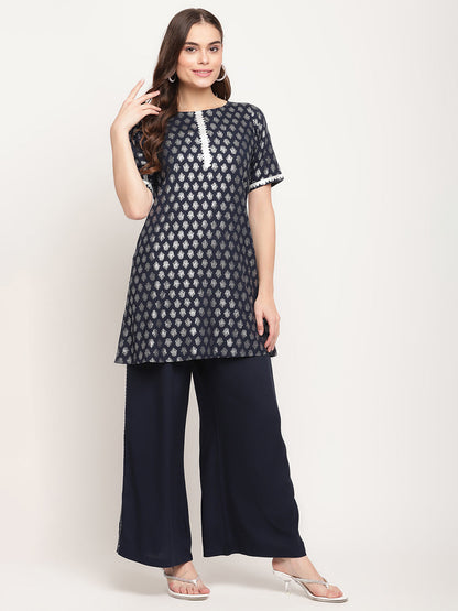 Women's Blue Rayon Foil Print Top With Palazzo Set