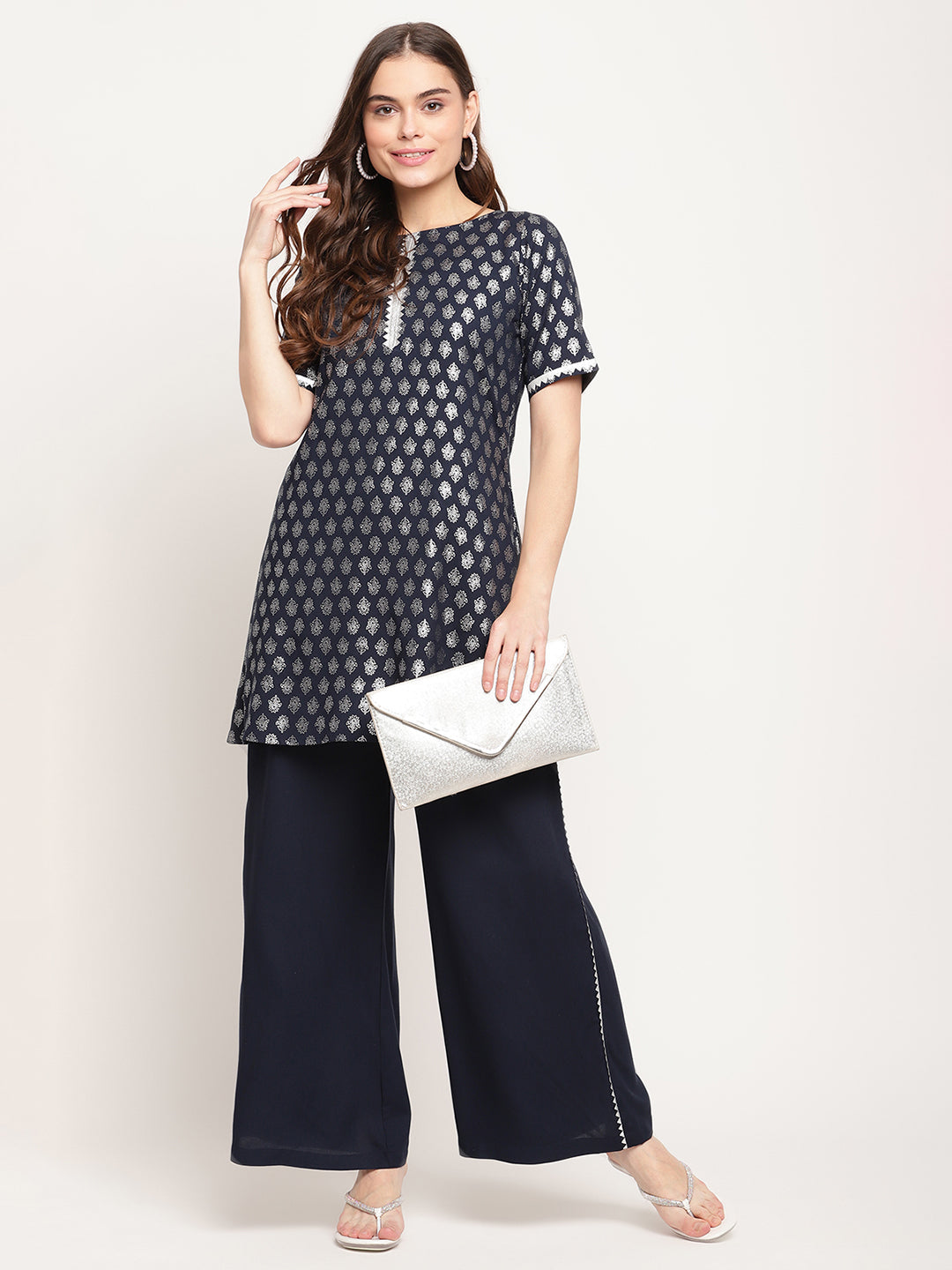 Women's Blue Rayon Foil Print Top With Palazzo Set