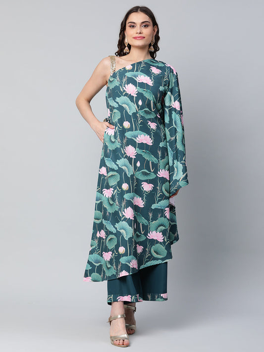 Women's Green Crepe Floral Printed Kurta With Palazzo Set