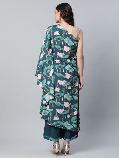 Women's Green Crepe Floral Printed Kurta With Palazzo Set