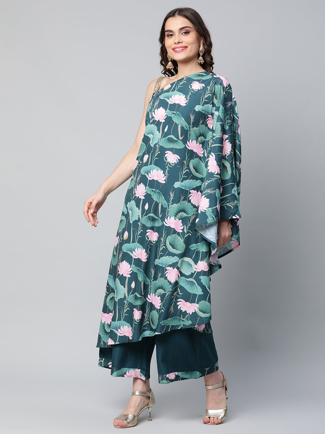 Women's Green Crepe Floral Printed Kurta With Palazzo Set