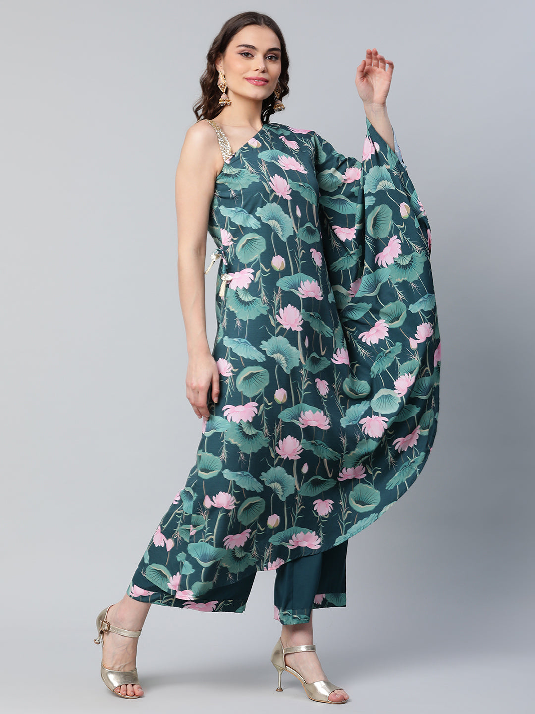 Women's Green Crepe Floral Printed Kurta With Palazzo Set