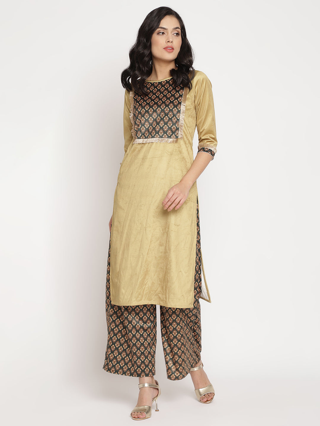 Women's Mustard Color Digital Print Velvet Kurta With Palazz
