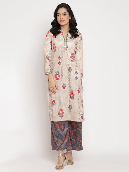Women's Beige Color Digital Print Velvet Kurta With Palazz
