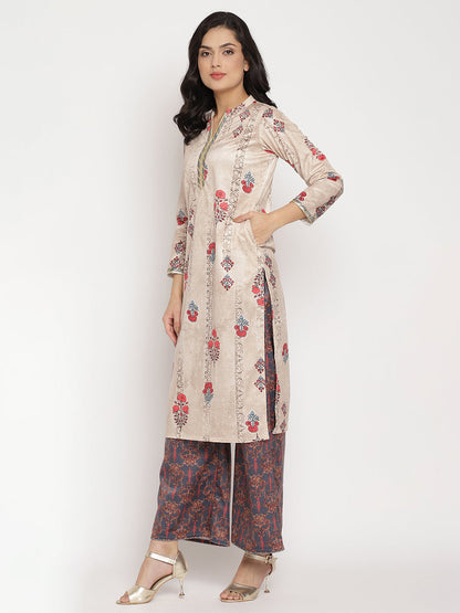 Women's Beige Color Digital Print Velvet Kurta With Palazz