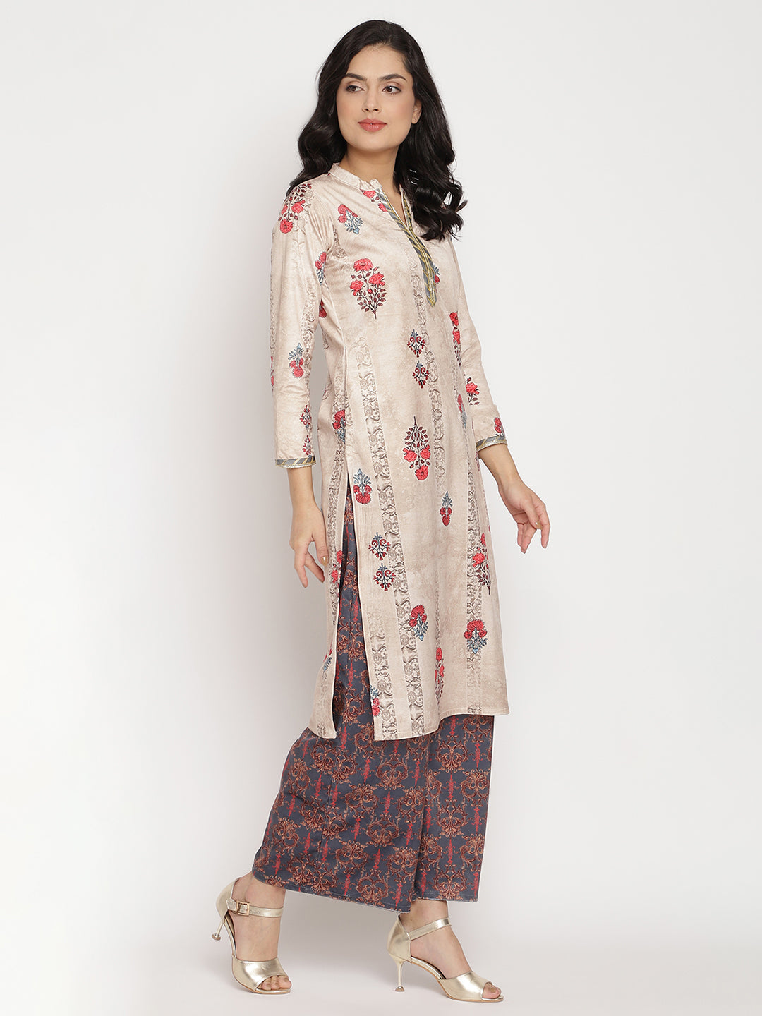 Women's Beige Color Digital Print Velvet Kurta With Palazz