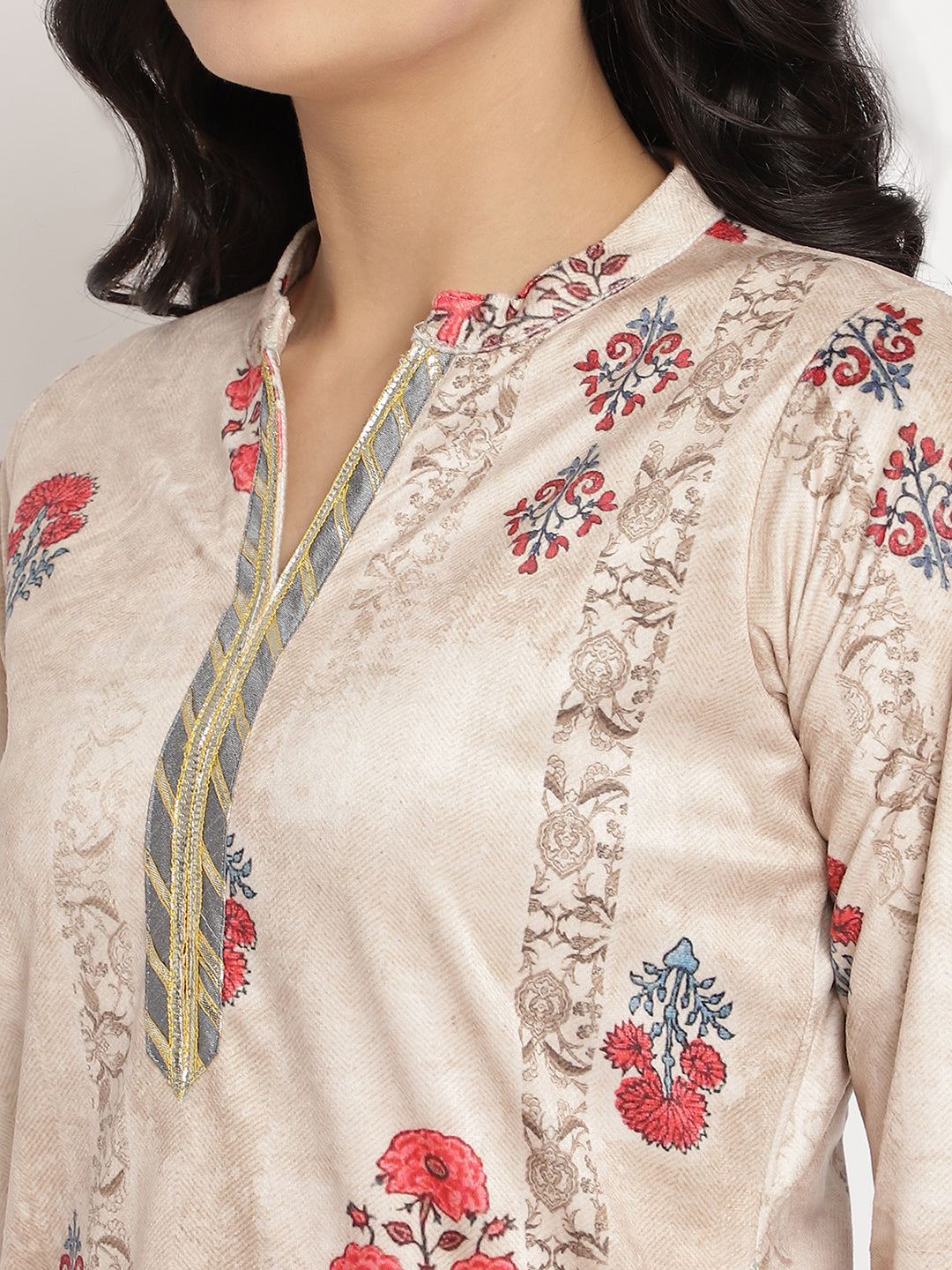 Women's Beige Color Digital Print Velvet Kurta With Palazz