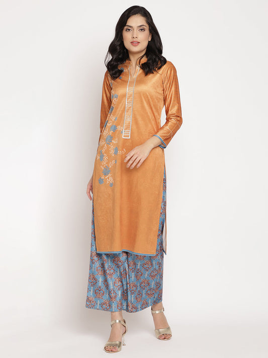 Women's Orange Color Digital Print Velvet Kurta With Palazz