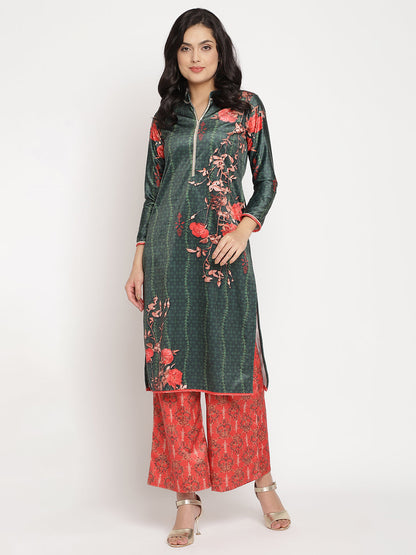 Women's Dark Green Color Digital Print Velvet Kurta With Palazz
