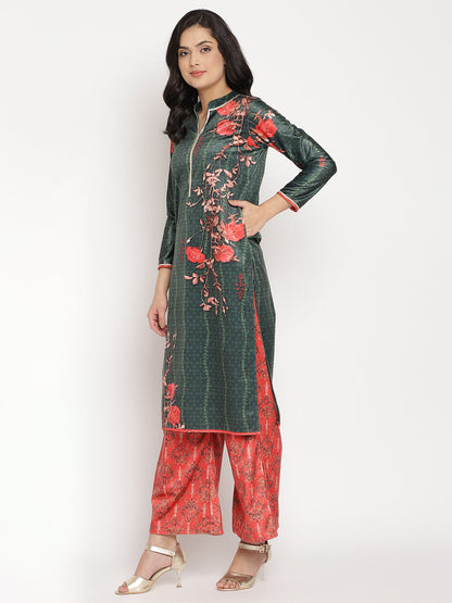 Women's Dark Green Color Digital Print Velvet Kurta With Palazz