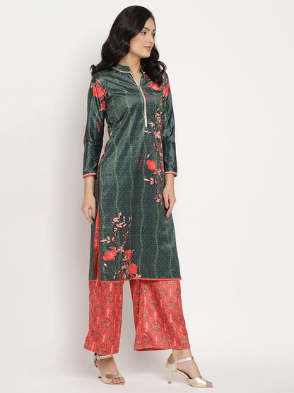 Women's Dark Green Color Digital Print Velvet Kurta With Palazz