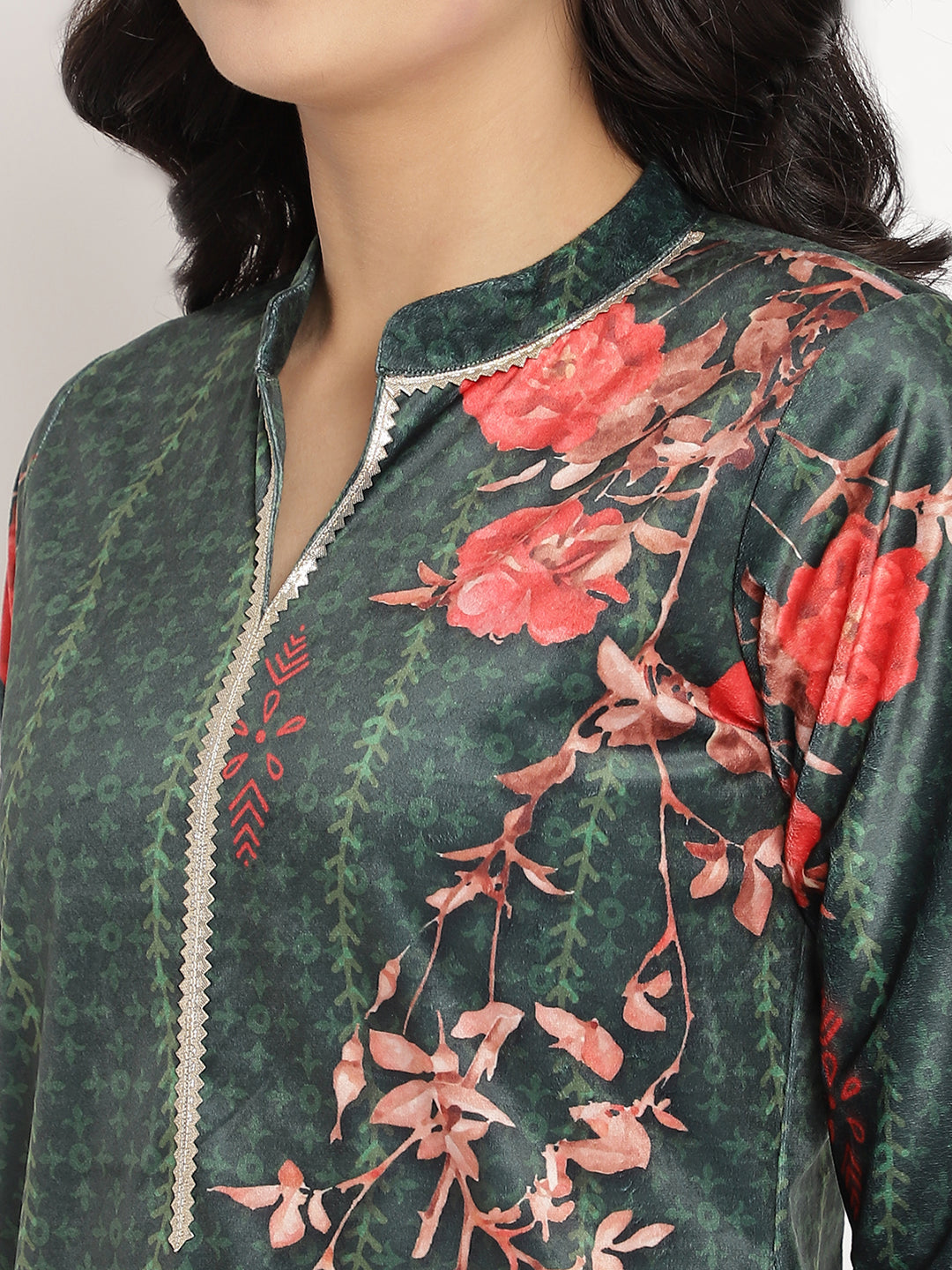 Women's Dark Green Color Digital Print Velvet Kurta With Palazz