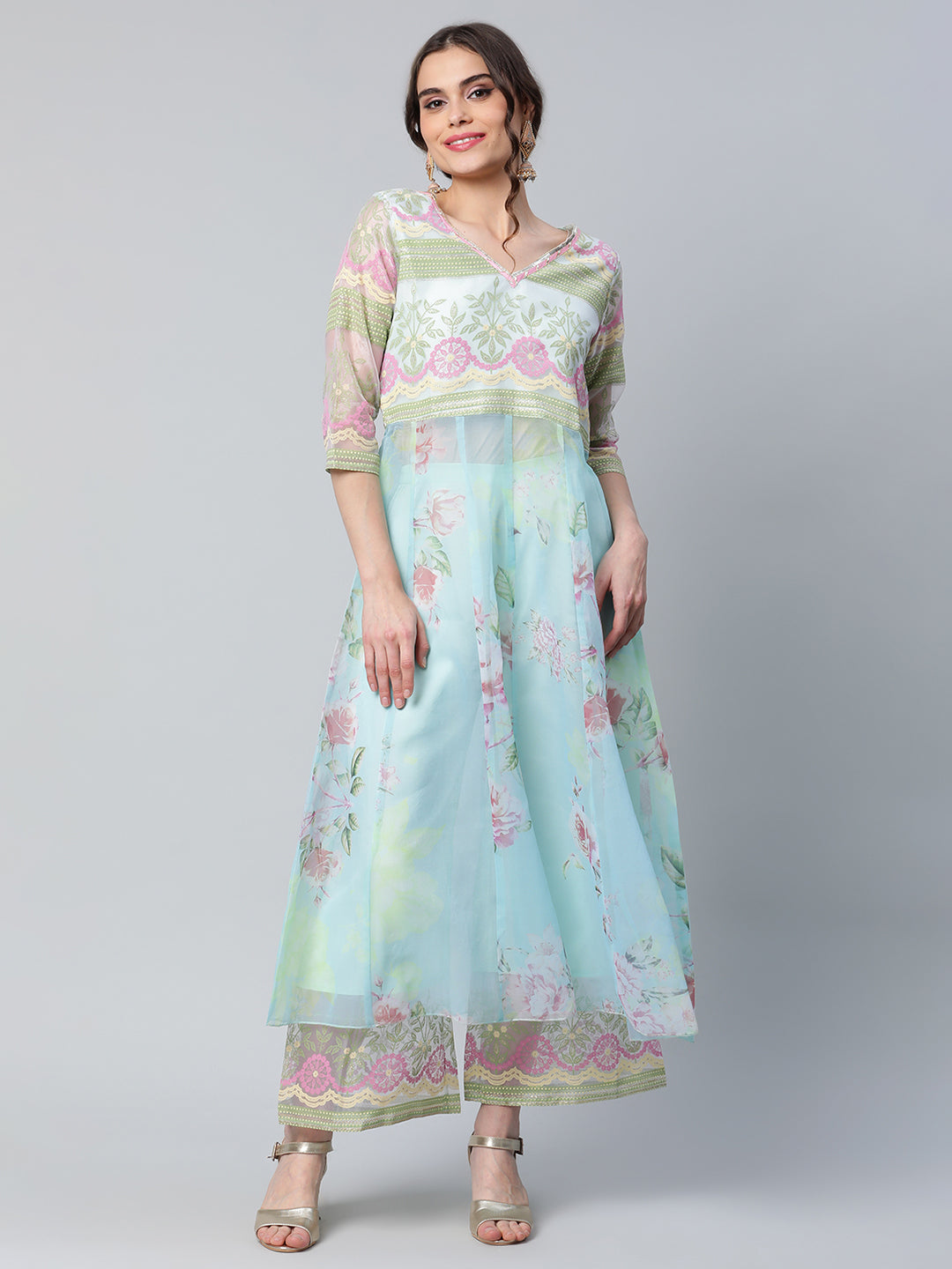 Women's Sea Green Organza Romantic Florals Kurta Palazzo Set