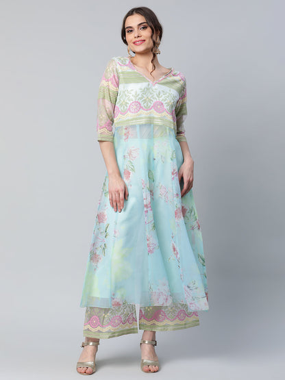 Women's Sea Green Organza Romantic Florals Kurta Palazzo Set