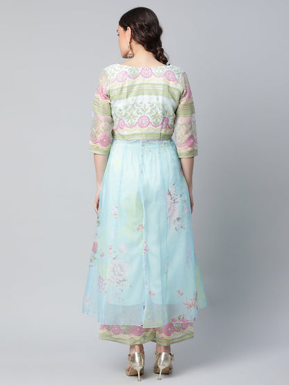 Women's Sea Green Organza Romantic Florals Kurta Palazzo Set