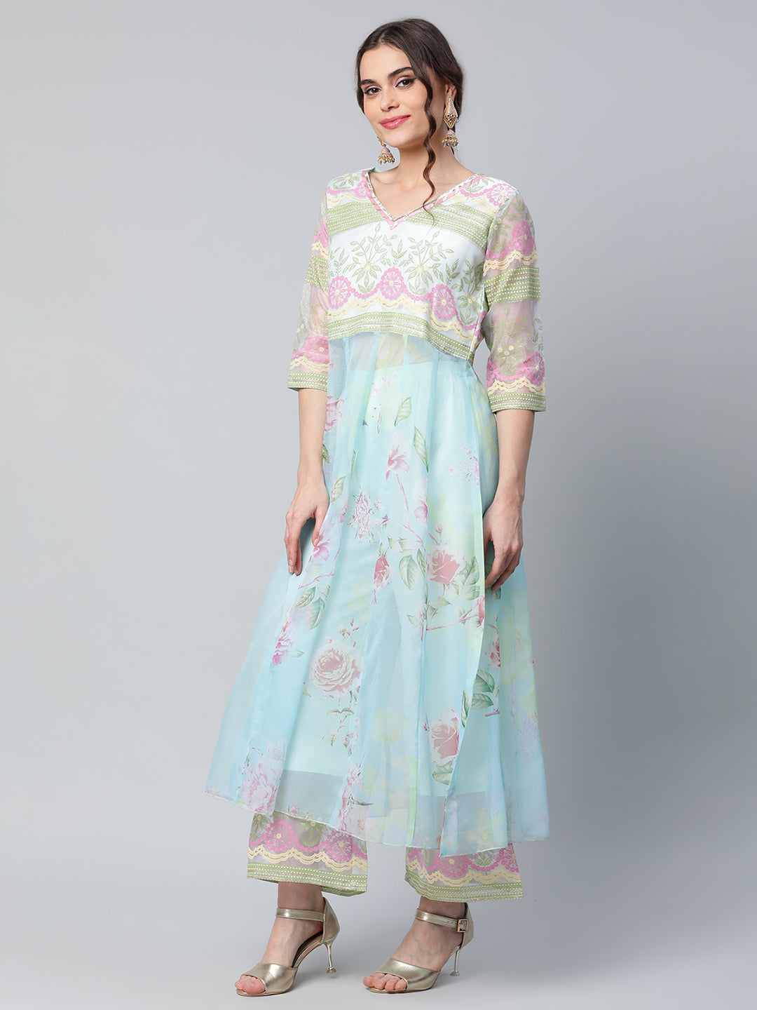 Women's Sea Green Organza Romantic Florals Kurta Palazzo Set