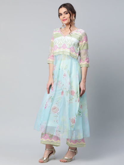 Women's Sea Green Organza Romantic Florals Kurta Palazzo Set