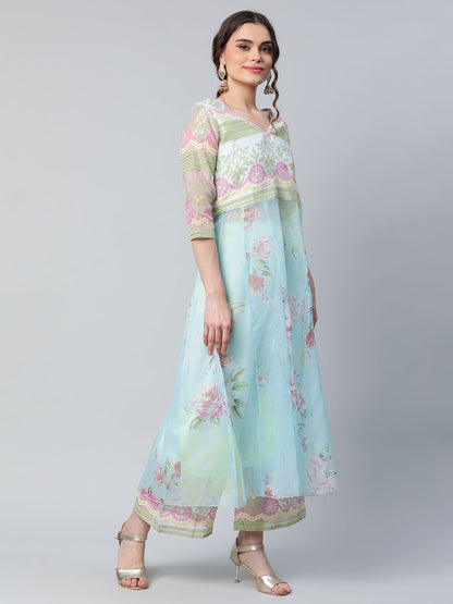 Women's Sea Green Organza Romantic Florals Kurta Palazzo Set