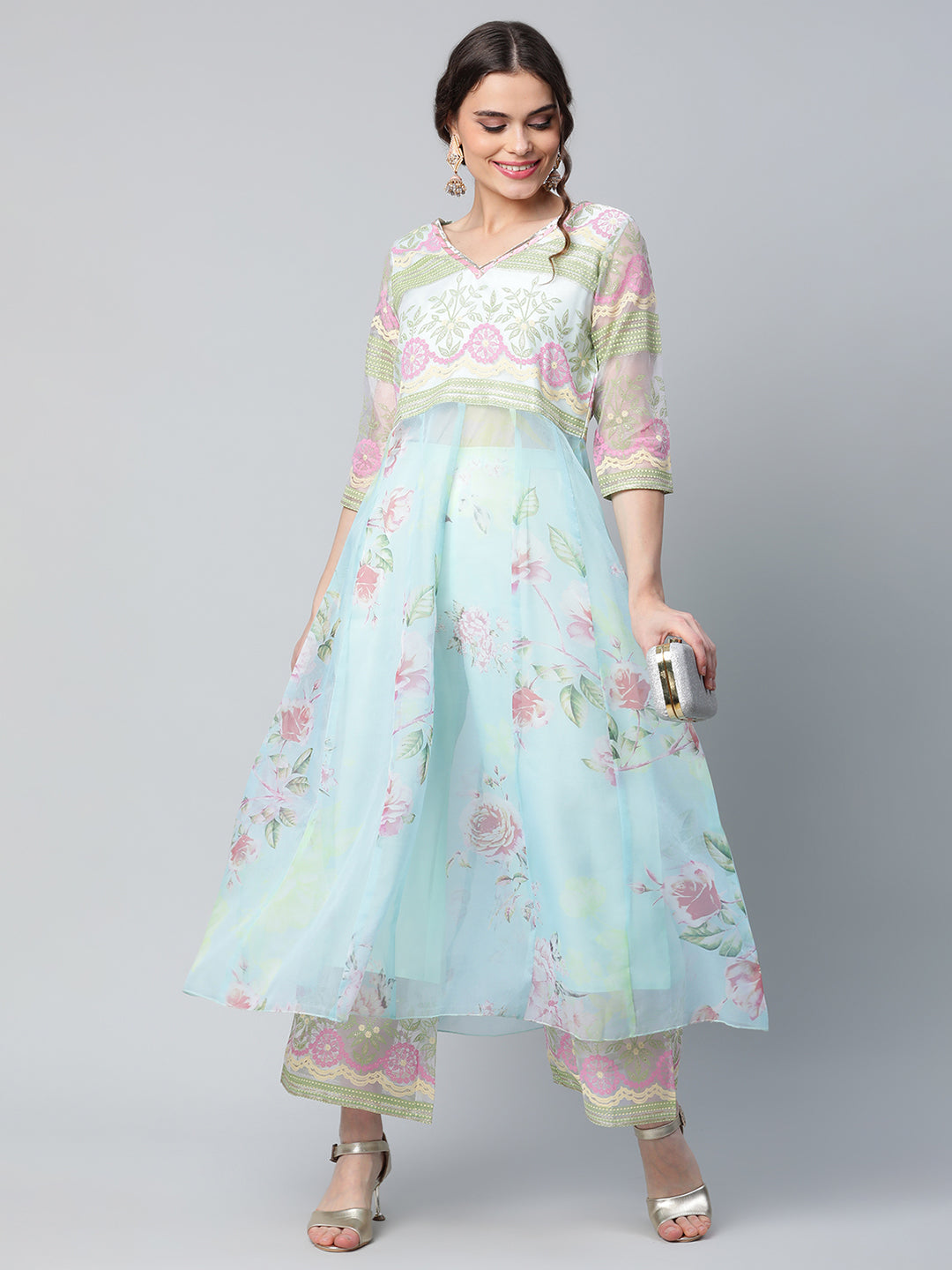 Women's Sea Green Organza Romantic Florals Kurta Palazzo Set