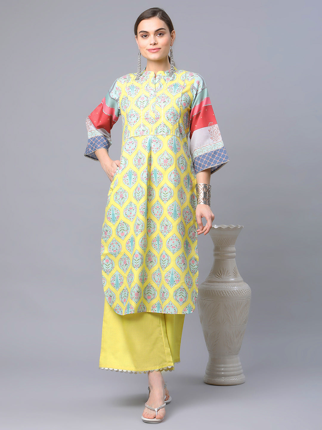 Women's Yellow Cotton Digital Printed Kurta Palazzo Set