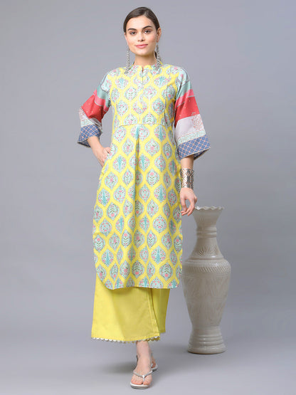 Women's Yellow Cotton Digital Printed Kurta Palazzo Set