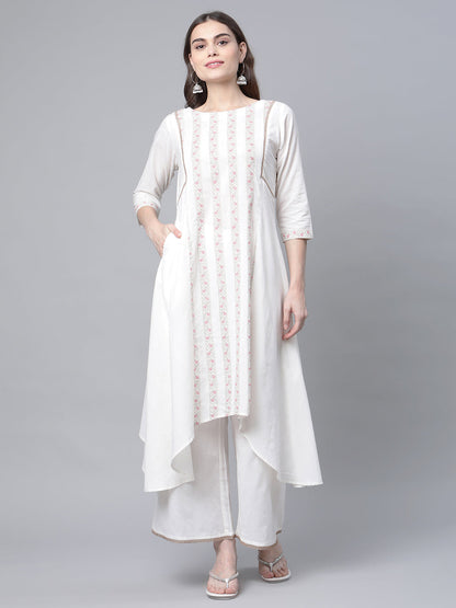 Women's Off White Cotton Printed Asymmetric Kurta Palazzo Set