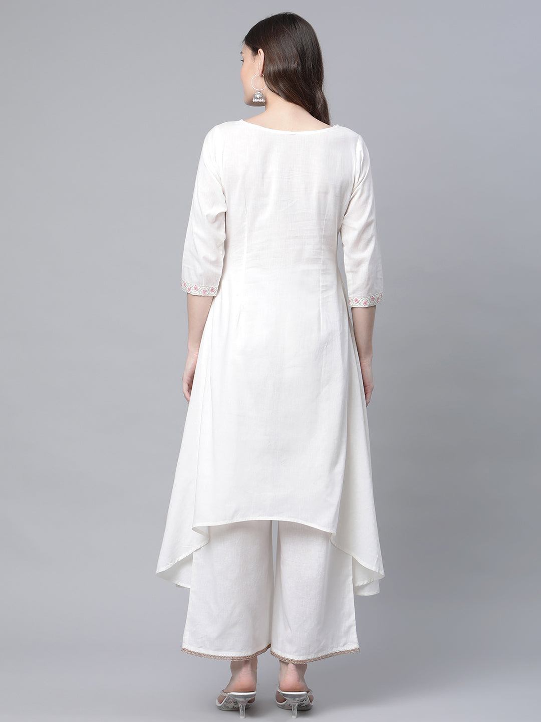 Women's Off White Cotton Printed Asymmetric Kurta Palazzo Set