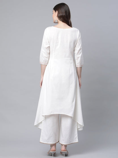 Women's Off White Cotton Printed Asymmetric Kurta Palazzo Set