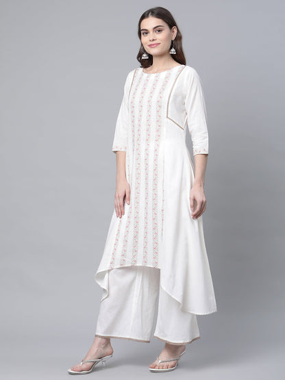 Women's Off White Cotton Printed Asymmetric Kurta Palazzo Set