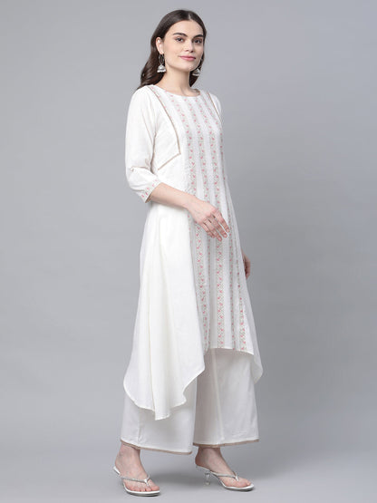 Women's Off White Cotton Printed Asymmetric Kurta Palazzo Set