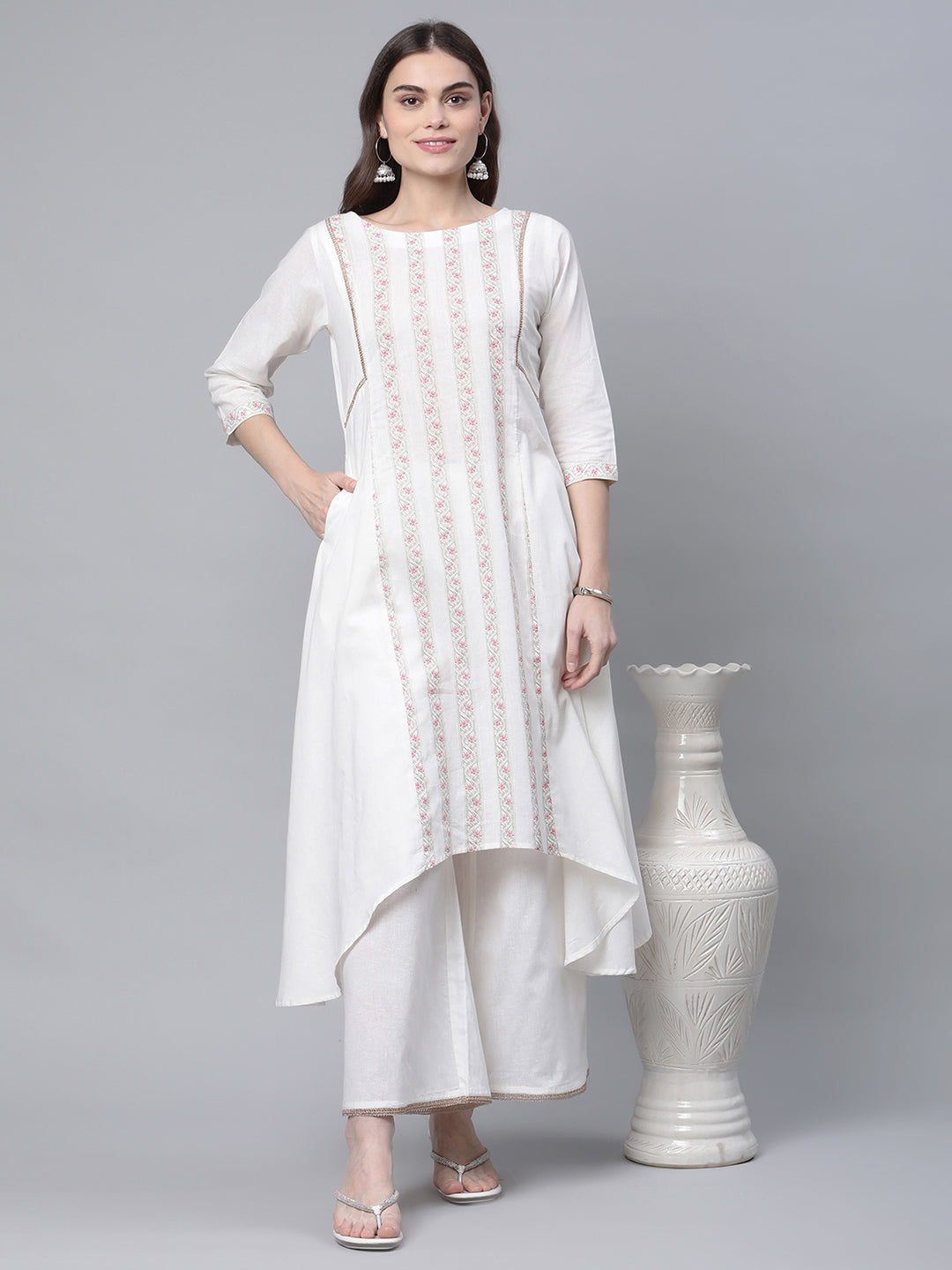 Women's Off White Cotton Printed Asymmetric Kurta Palazzo Set