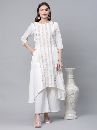 Women's Off White Cotton Printed Asymmetric Kurta Palazzo Set
