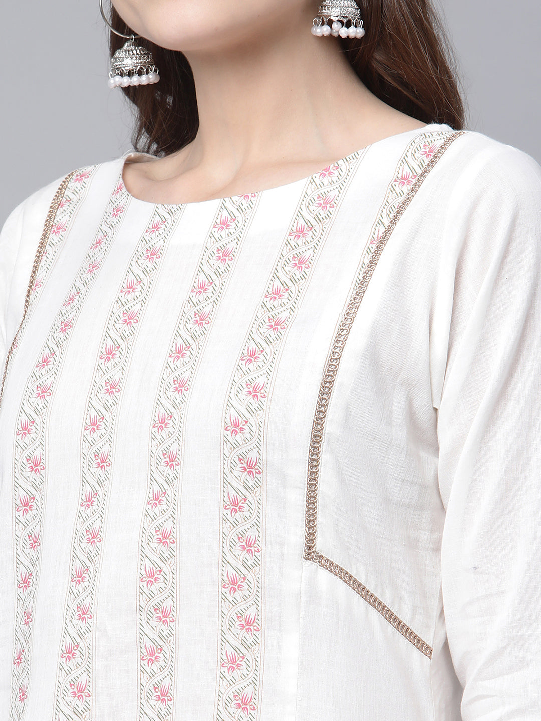 Women's Off White Cotton Printed Asymmetric Kurta Palazzo Set