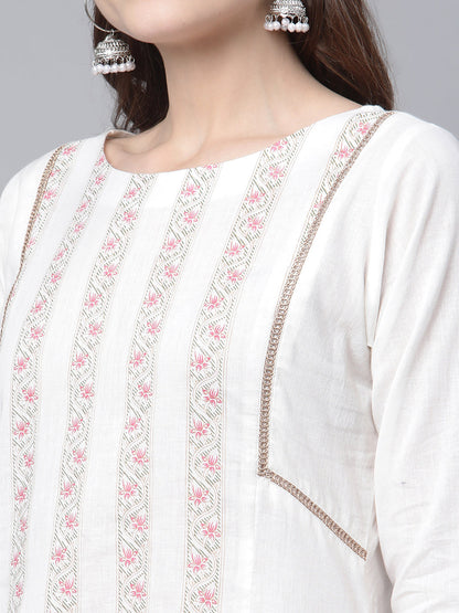 Women's Off White Cotton Printed Asymmetric Kurta Palazzo Set