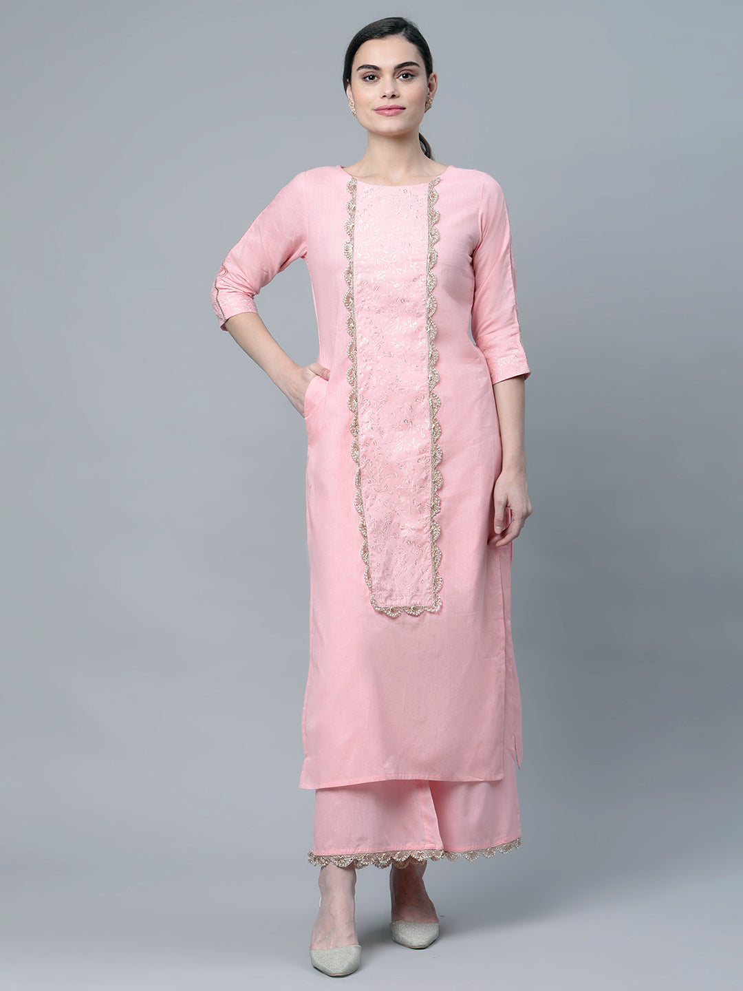 Women's Baby Pink Cotton Printed Kurta Palazzo Set