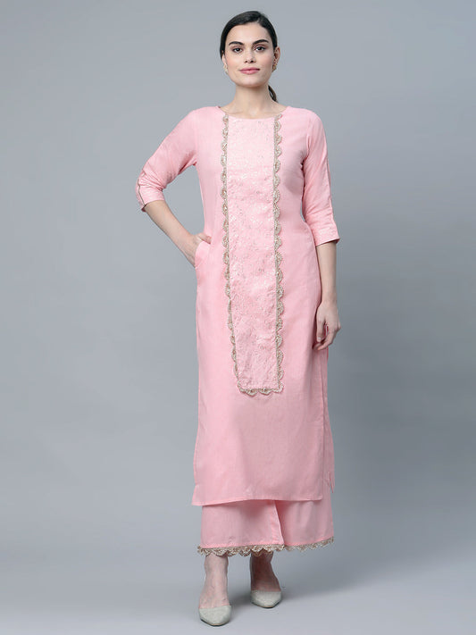 Women's Baby Pink Cotton Printed Kurta Palazzo Set