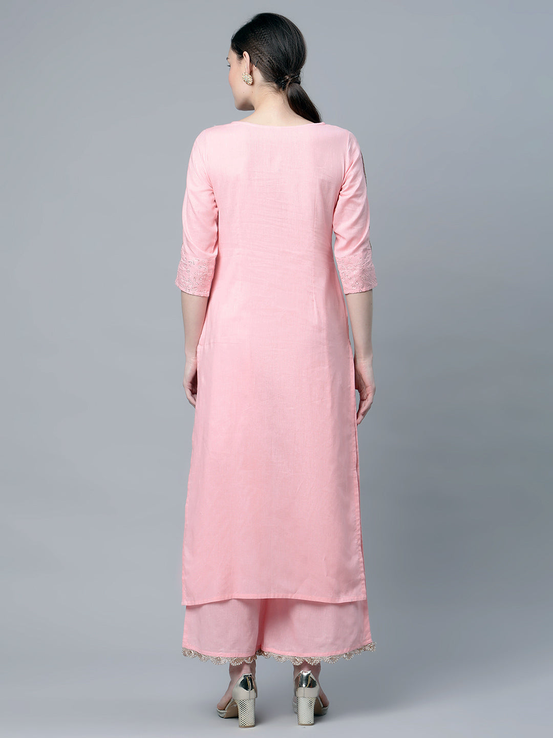 Women's Baby Pink Cotton Printed Kurta Palazzo Set