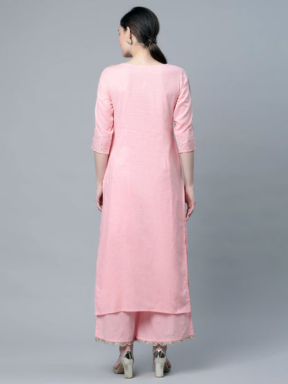 Women's Baby Pink Cotton Printed Kurta Palazzo Set
