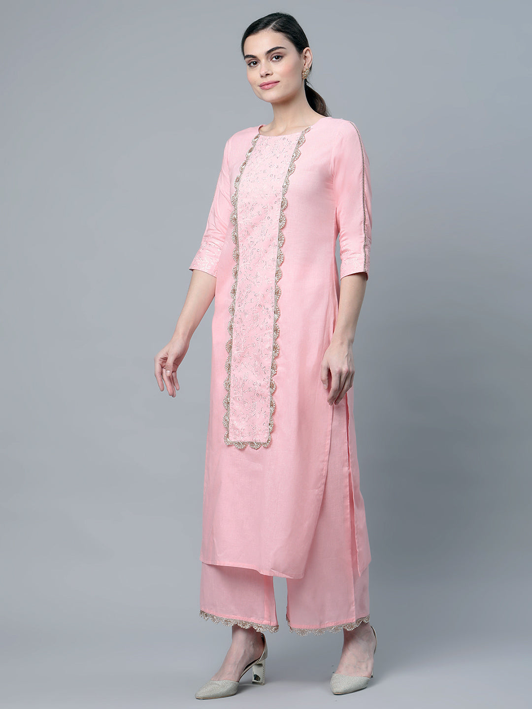 Women's Baby Pink Cotton Printed Kurta Palazzo Set