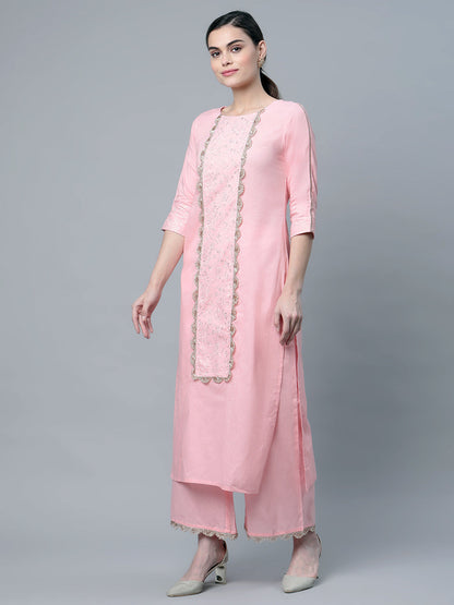 Women's Baby Pink Cotton Printed Kurta Palazzo Set