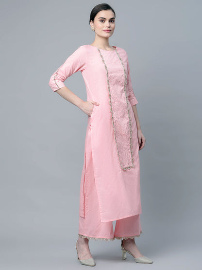Women's Baby Pink Cotton Printed Kurta Palazzo Set
