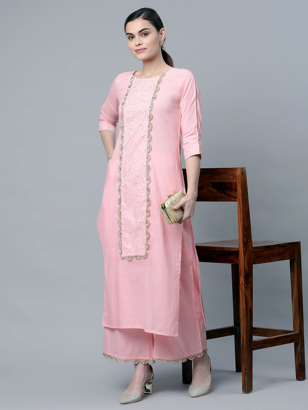 Women's Baby Pink Cotton Printed Kurta Palazzo Set