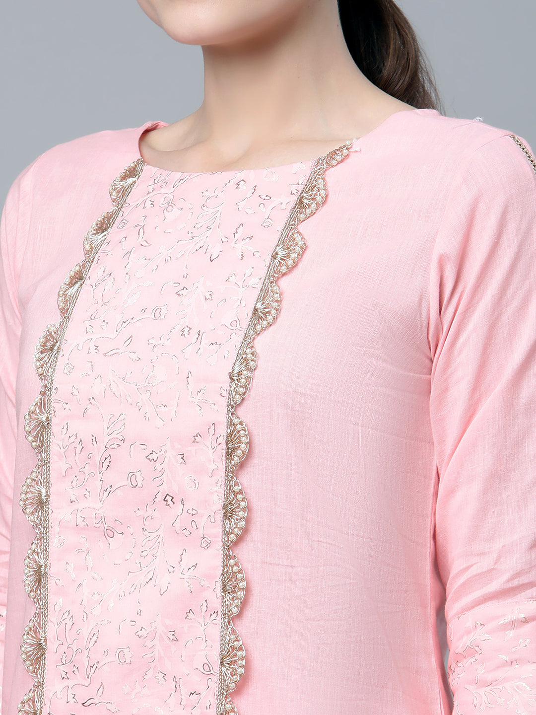 Women's Baby Pink Cotton Printed Kurta Palazzo Set