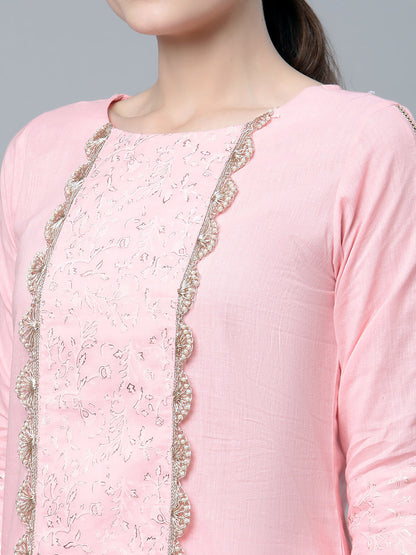 Women's Baby Pink Cotton Printed Kurta Palazzo Set