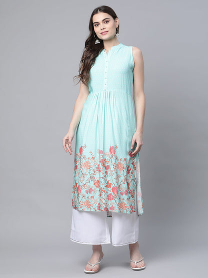 Women's Sky Blue Rayon Printed Kurta Palazzo Set