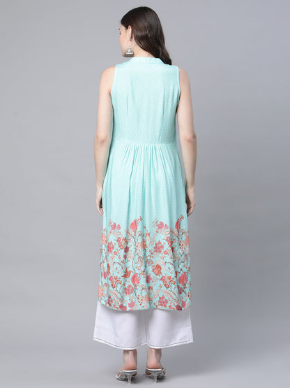 Women's Sky Blue Rayon Printed Kurta Palazzo Set