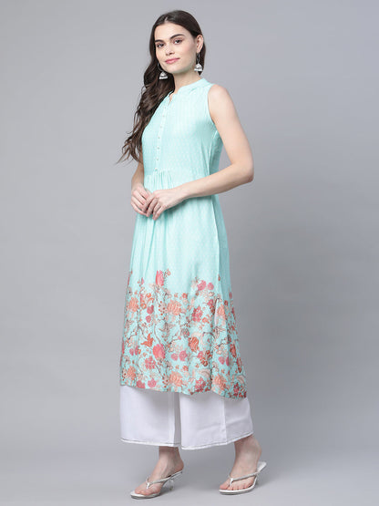 Women's Sky Blue Rayon Printed Kurta Palazzo Set
